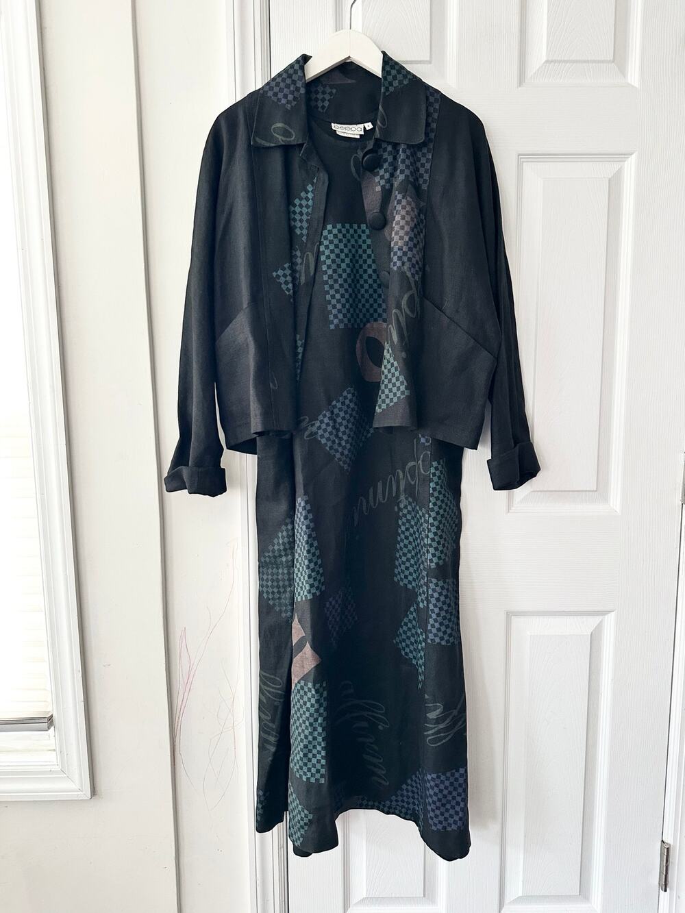 Beppa Vintage Black Linen Art To Wear Long Jumper Overall Dress Jacket Set Small